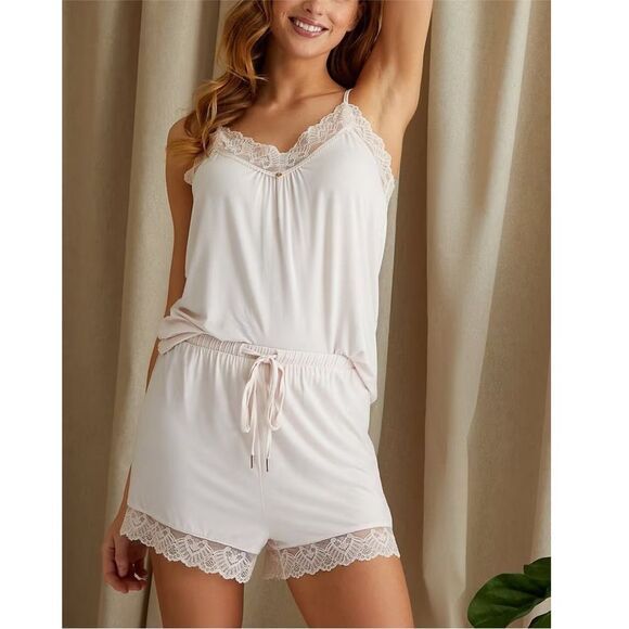 Pretty You London Bamboo Lace Cami Short Pajama Set Powder Puff Size 16 - Picture 1 of 2